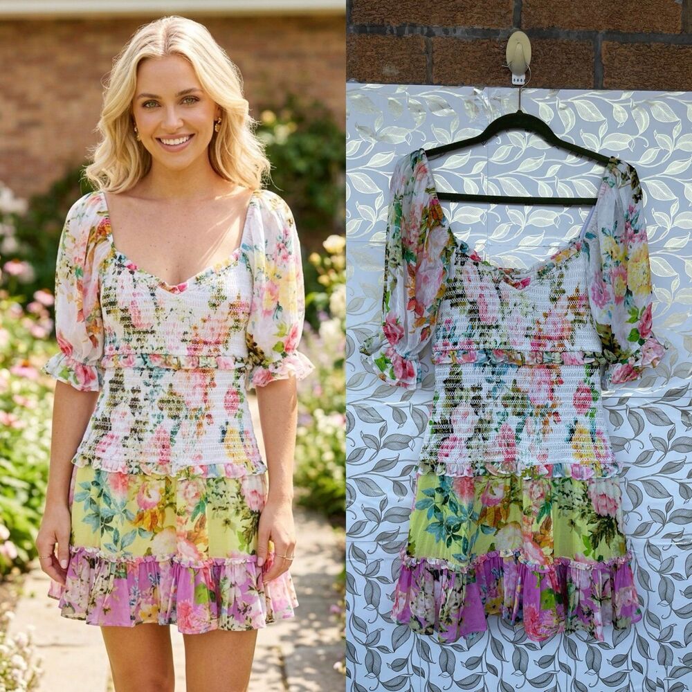 Hemant & Nandita Floral Smocked Mini Dress S Cottagecore Boho
